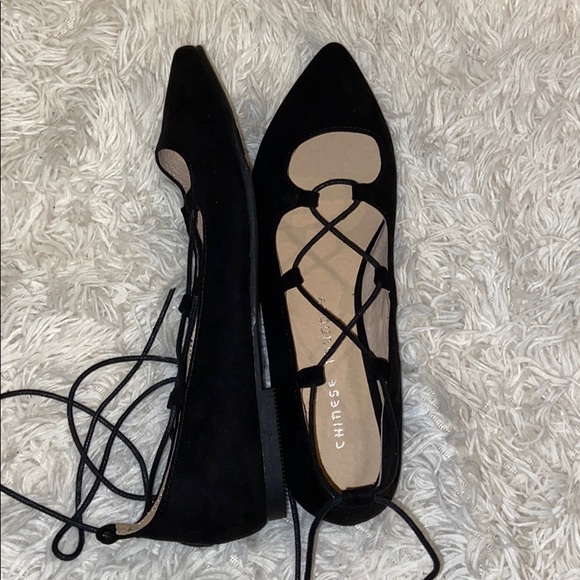 Chinese Laundry Black Lace Up Pointy Flats Size 7 - Picture 2 of 8